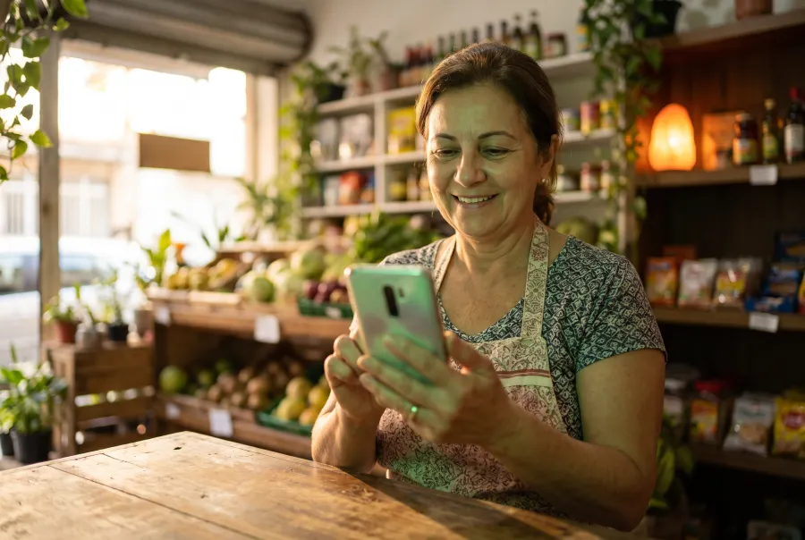Lojista respondendo clientes pelo WhatsApp no celular
