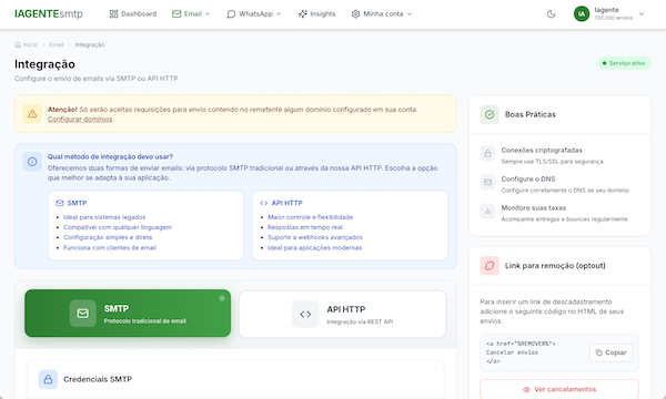 Integração SMTP e API