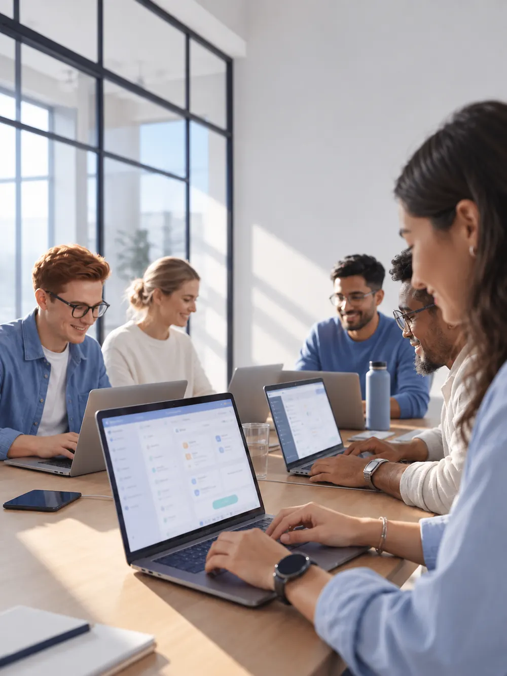 Equipe trabalhando em notebooks numa mesa compartilhada