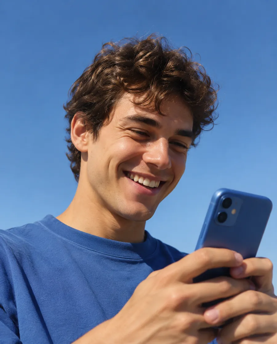 Jovem sorrindo enquanto lê uma mensagem no celular