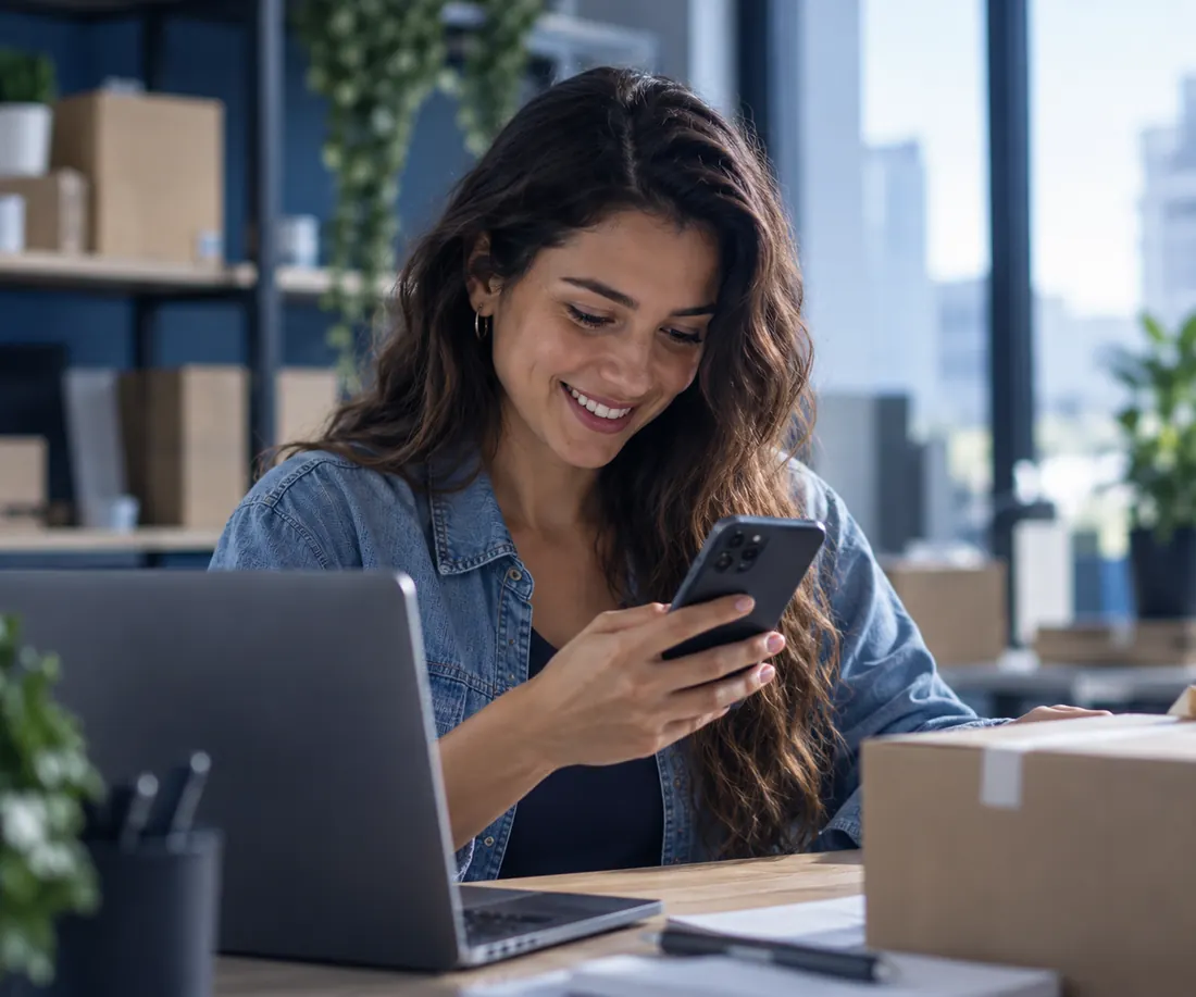 Empreendedora conferindo o celular ao lado de pedidos