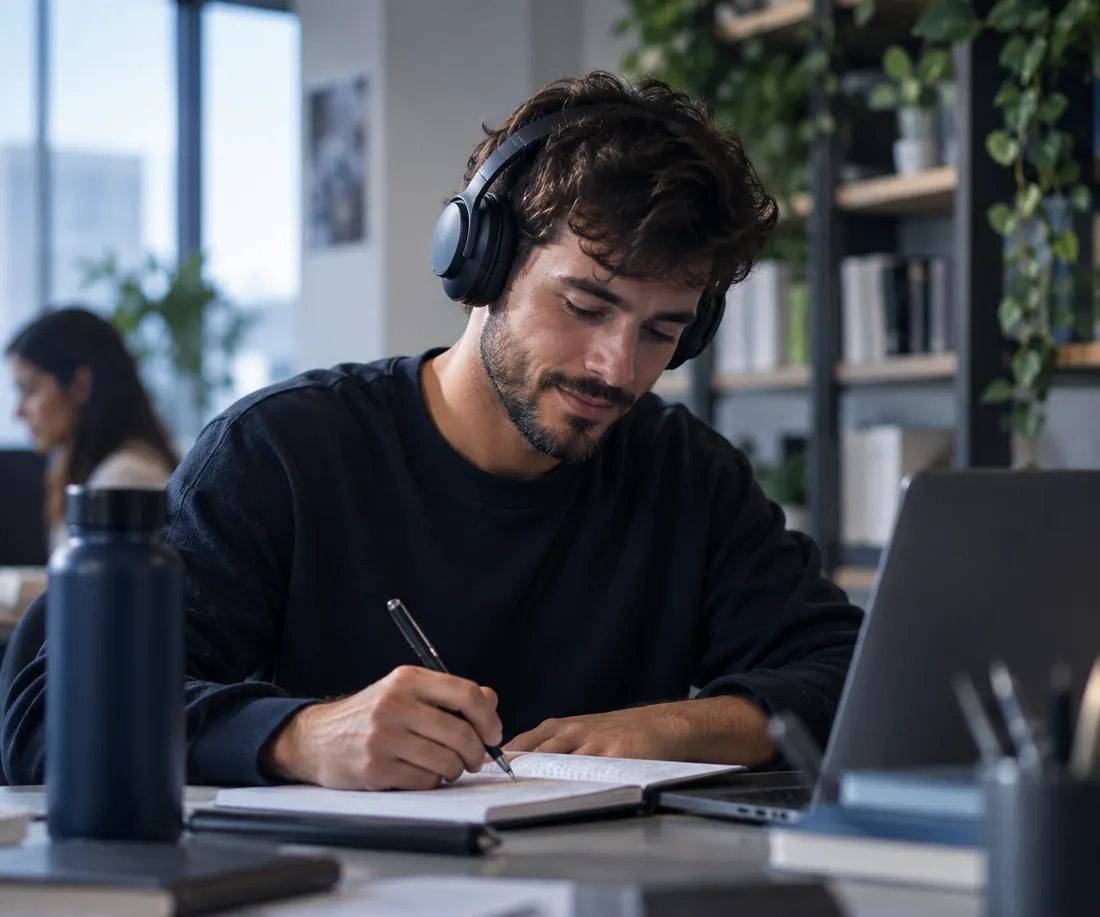 Estudante de fone fazendo anotações