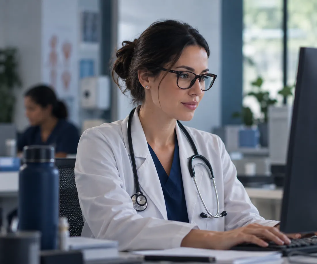 Médica trabalhando no computador