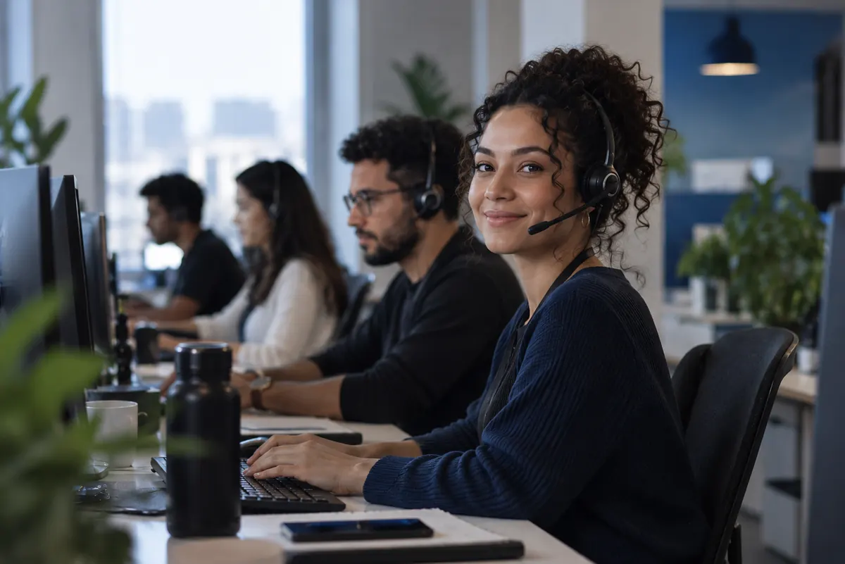 Atendente de suporte sorrindo com headset