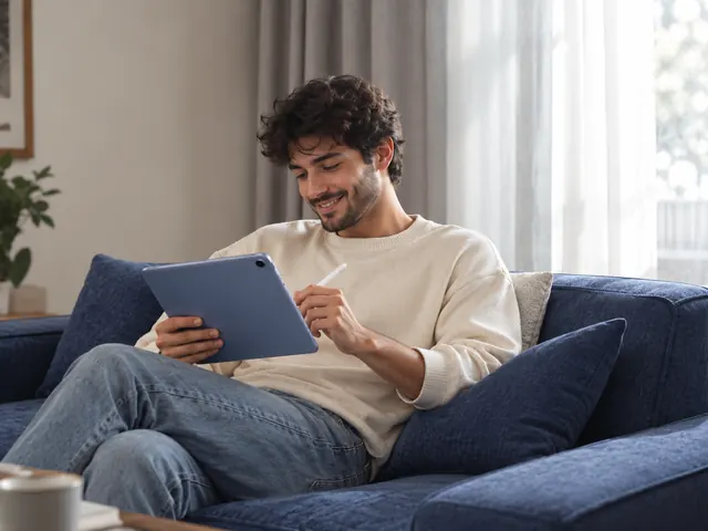 Homem usando o tablet no sofá