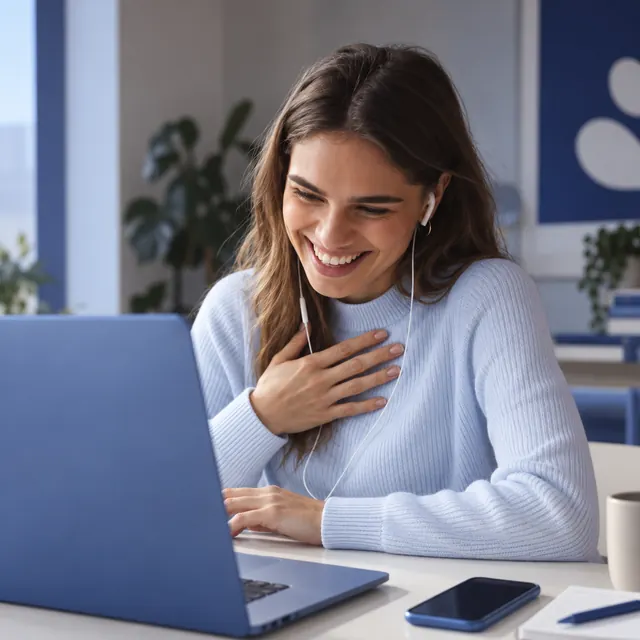 Mulher sorrindo em frente ao notebook