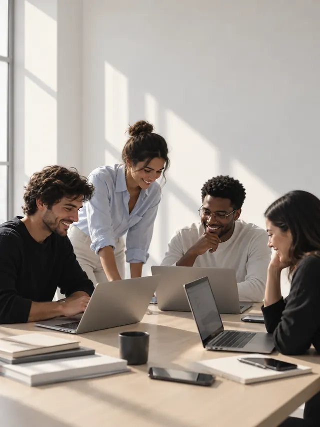 Equipe trabalhando junta em volta dos notebooks