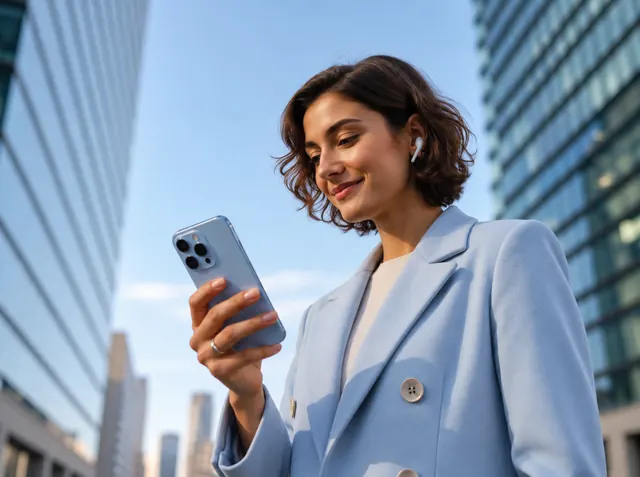 Mulher lendo o celular na rua