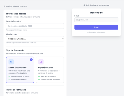Formulários integrados e popups