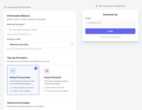 Formulários integrados e popups