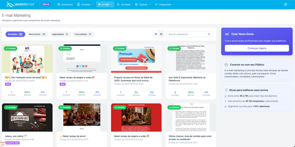 Central de envios com listagem de campanhas