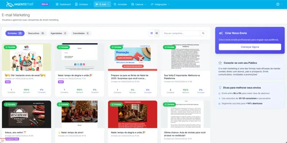 Central de envios com listagem de campanhas