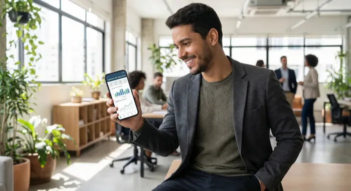 Profissional analisando resultados de SMS Marketing no IAGENTEsms