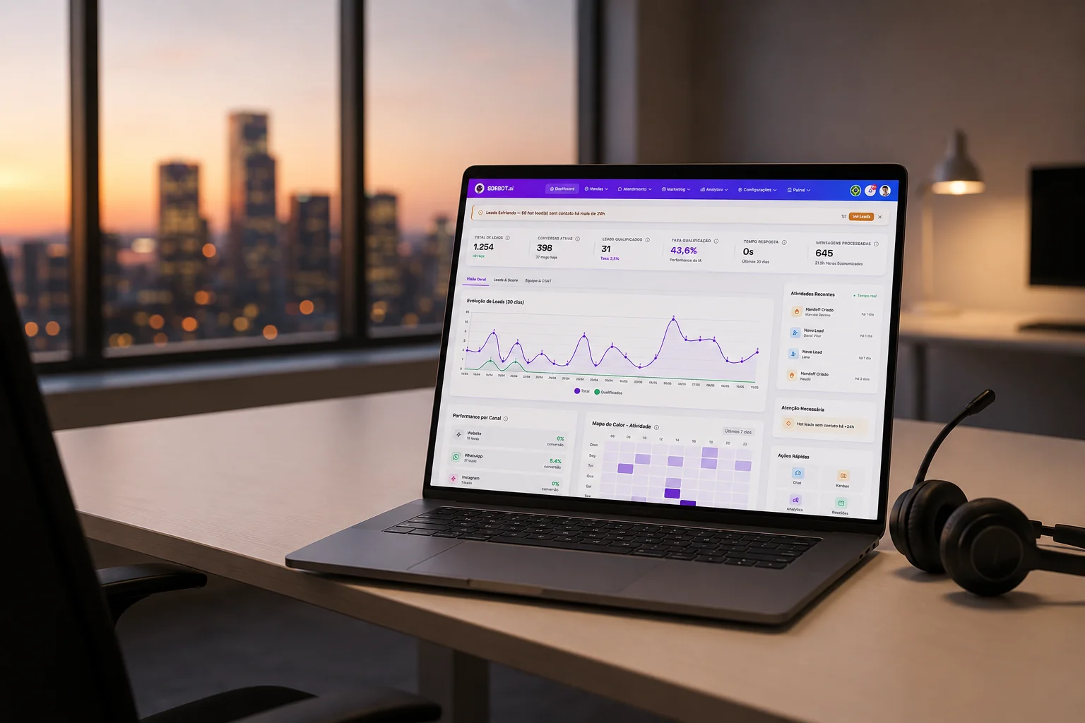 MacBook com o dashboard do SDRBOT.ai aberto sobre uma mesa de escritório, com vista para o pôr-do-sol da cidade ao fundo e headset de atendimento ao lado