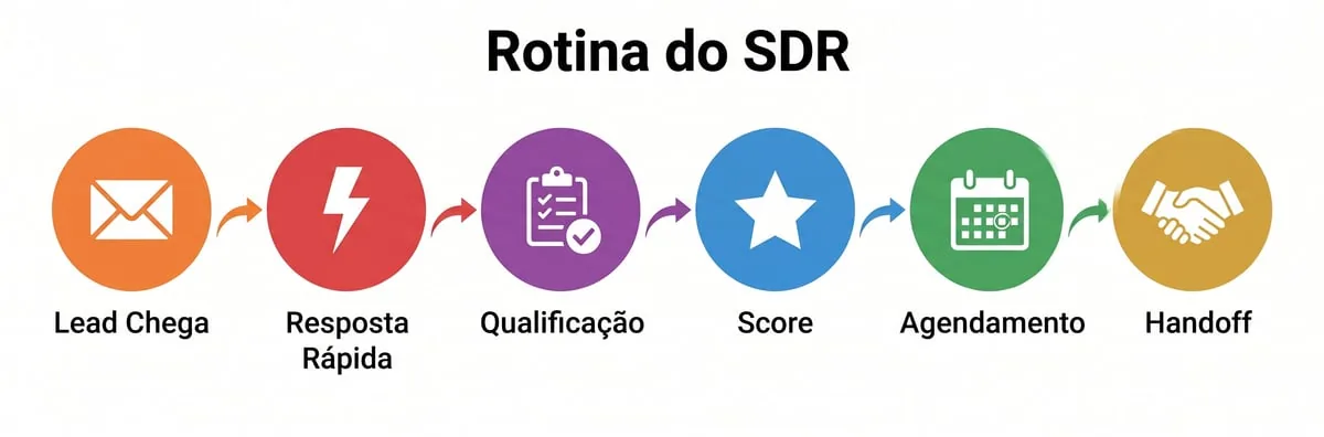Fluxo da rotina do SDR: Lead chega, Resposta rápida, Qualificação, Score, Agendamento, Handoff