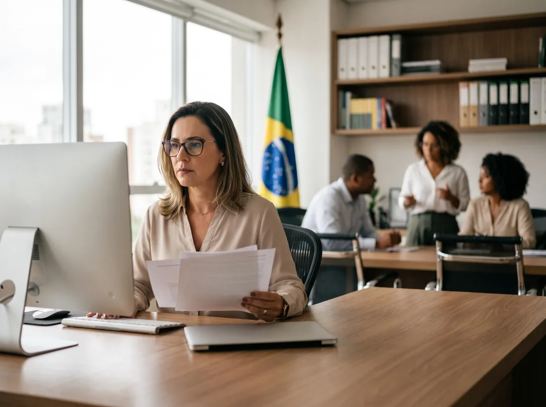 Gestora de entidade conferindo comunicados no computador na sede da associação