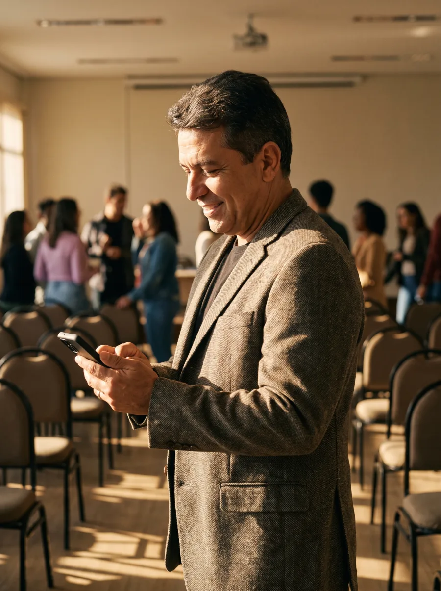 Dirigente de associação acompanhando a comunicação da entidade pelo celular