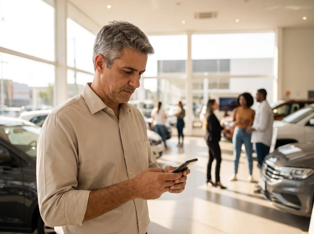 Vendedor de concessionária respondendo lead no celular no showroom