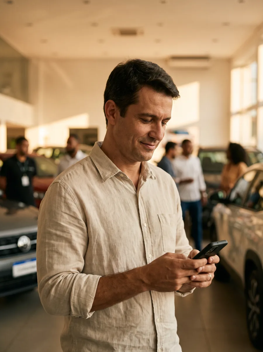 Gerente de concessionária acompanhando leads pelo celular no showroom