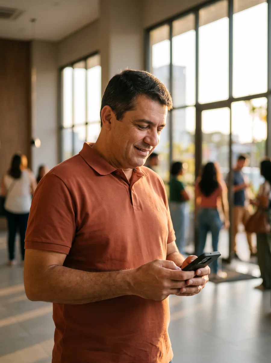 Síndico acompanhando avisos do condomínio pelo celular no hall do prédio
