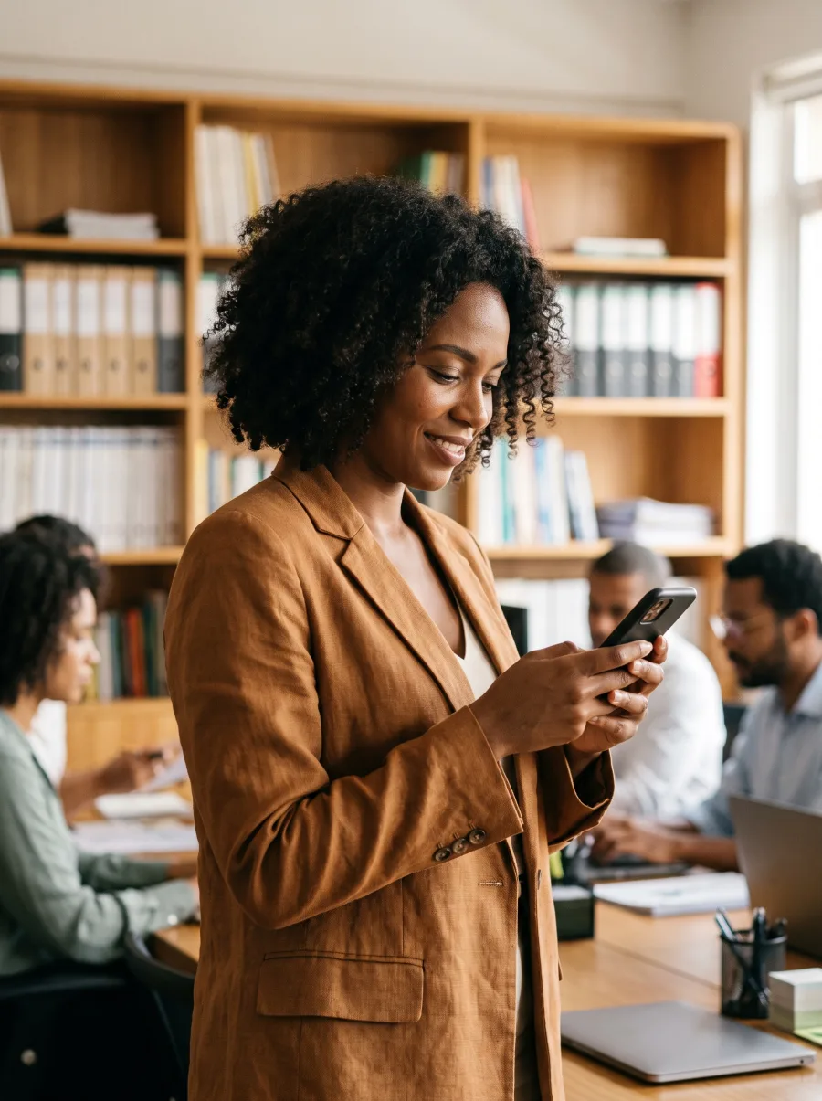 Contadora acompanhando avisos de prazos pelo celular no escritório