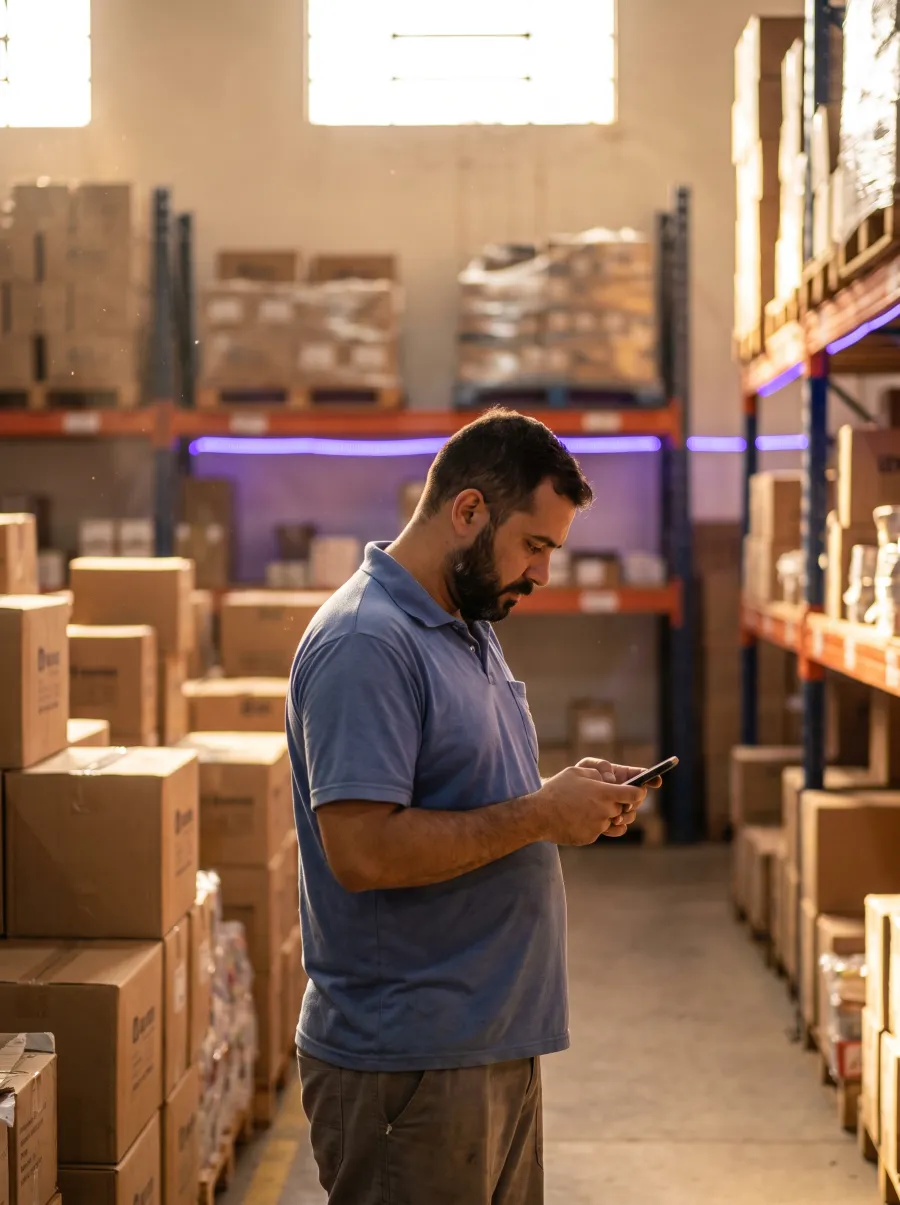 Gestor de distribuidora conferindo o celular no centro de distribuição
