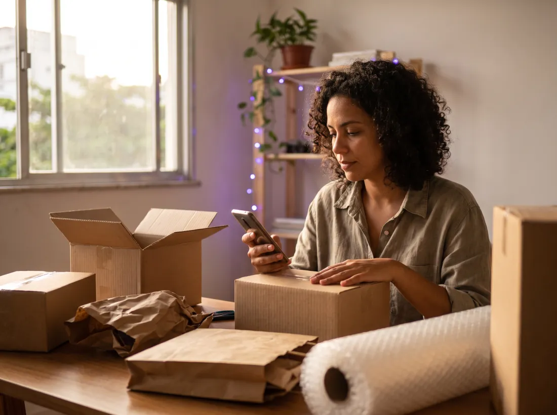 Empreendedora de ecommerce preparando pedidos com o celular na mão