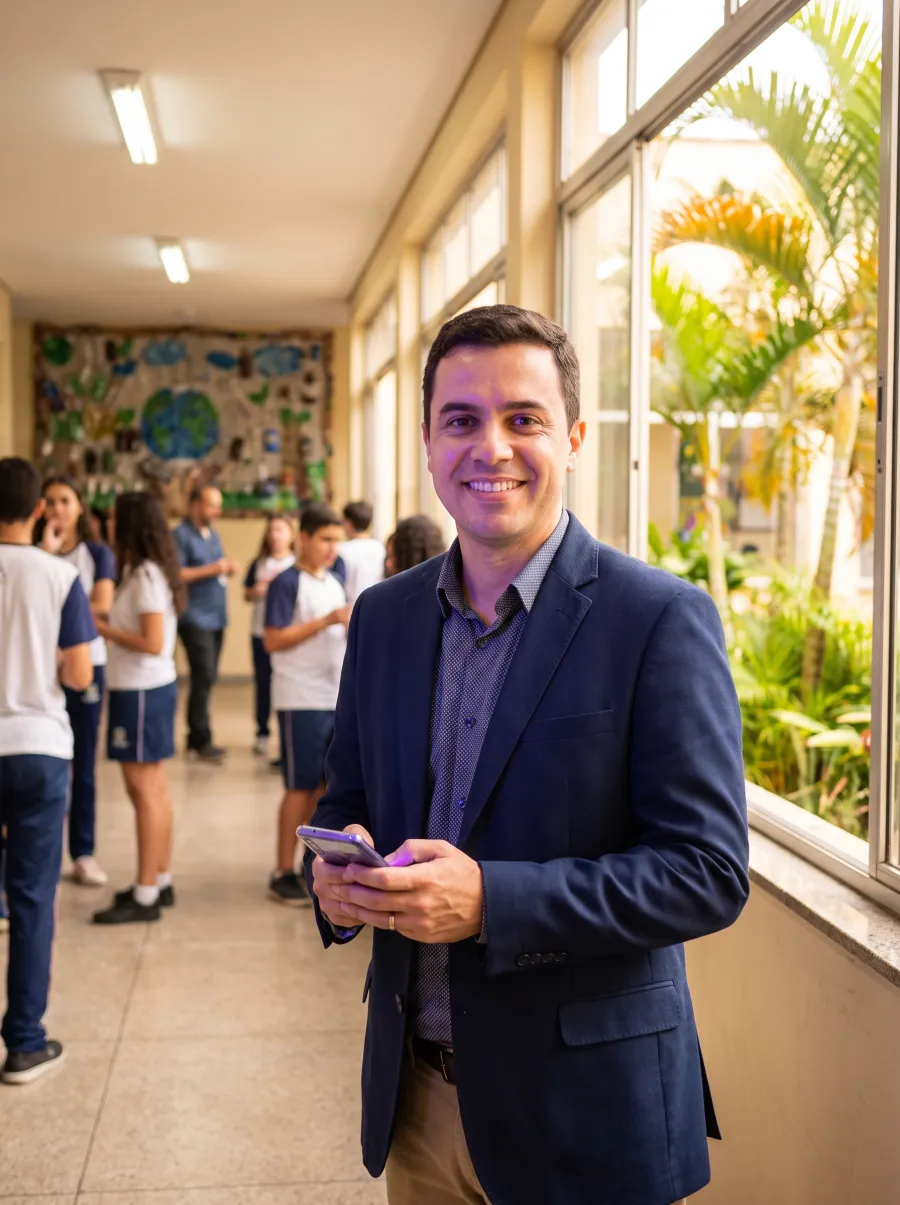 Coordenador pedagógico usando o celular em corredor de escola