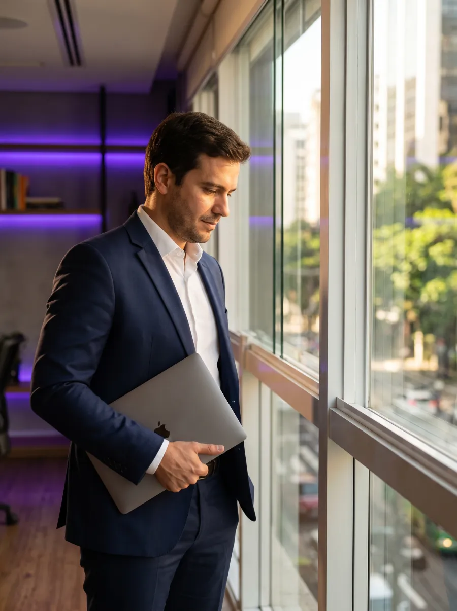 Gerente de banco analisando indicadores no notebook