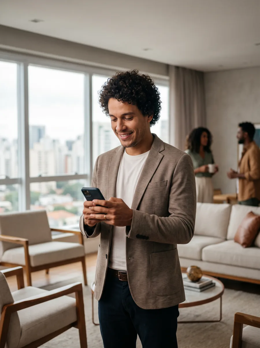 Corretor acompanhando leads pelo celular em apartamento decorado