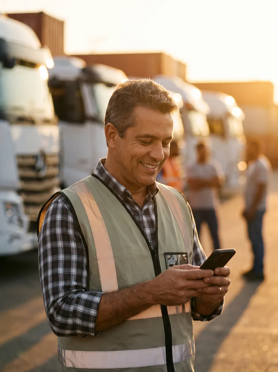 Gestor de transportadora acompanhando a operação pelo celular no pátio