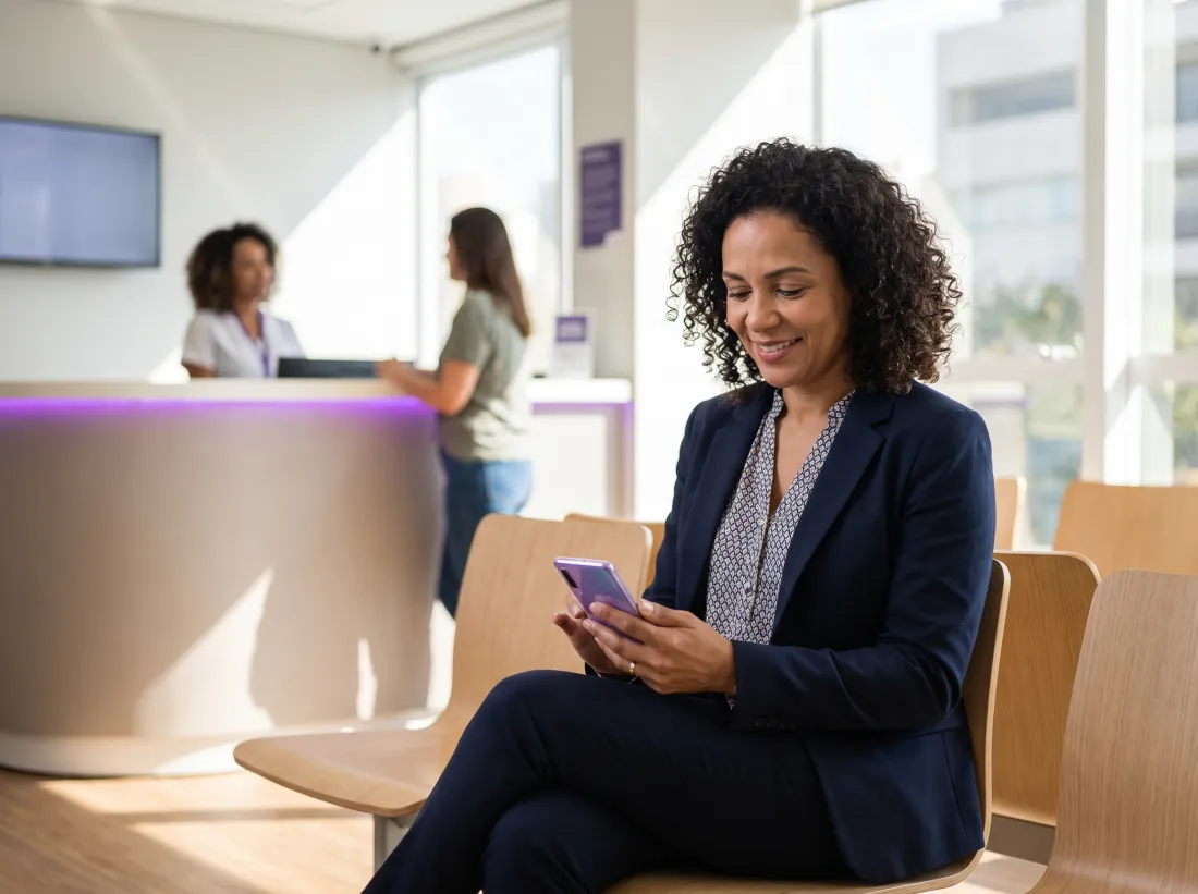 Paciente na sala de espera conferindo o lembrete de consulta no celular