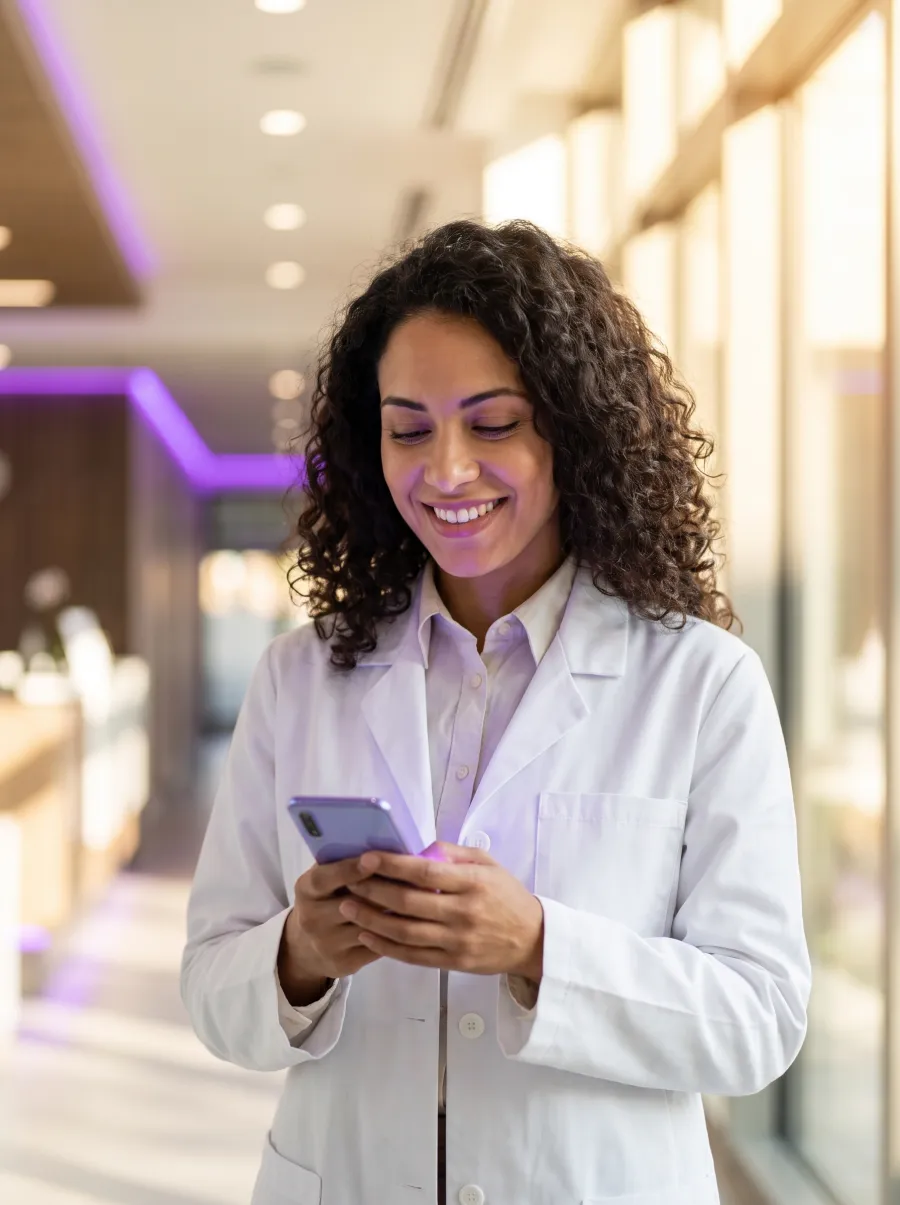 Médica de jaleco consultando o celular no corredor de uma clínica