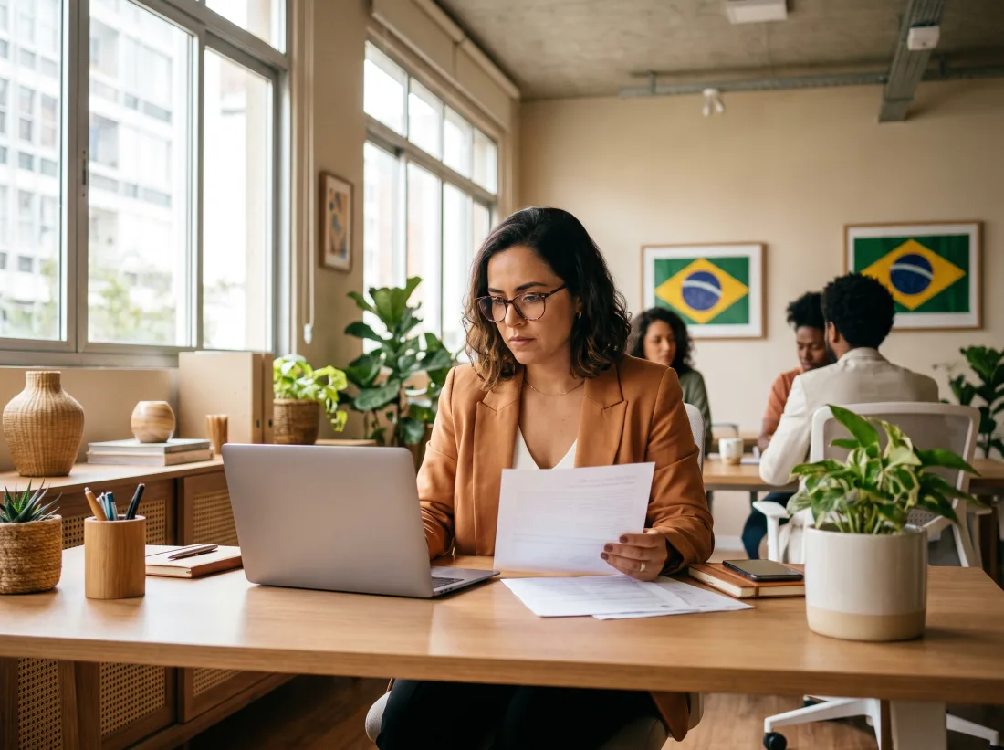 Corretora de seguros analisando apólices no computador no escritório