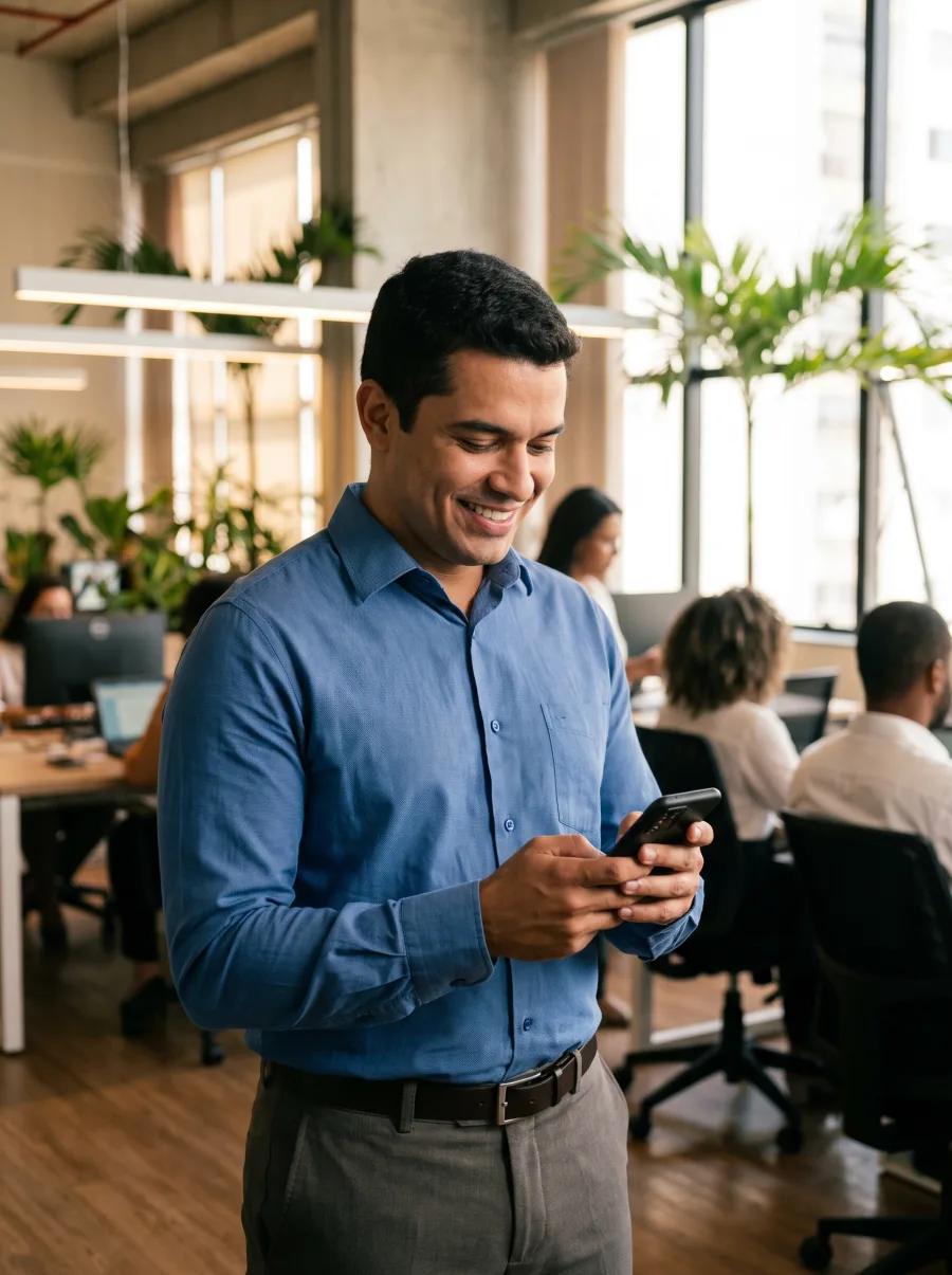 Corretor de seguros conferindo renovações pelo celular