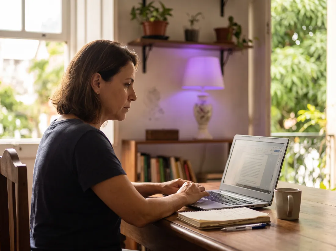 Consultora em reunião conferindo proposta no notebook
