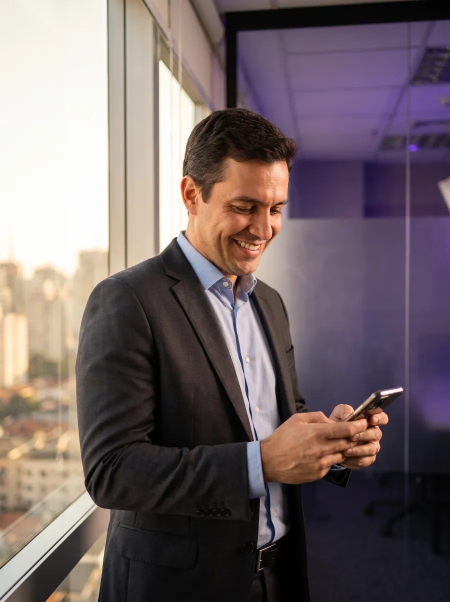 Consultor de serviços usando o celular em escritório moderno