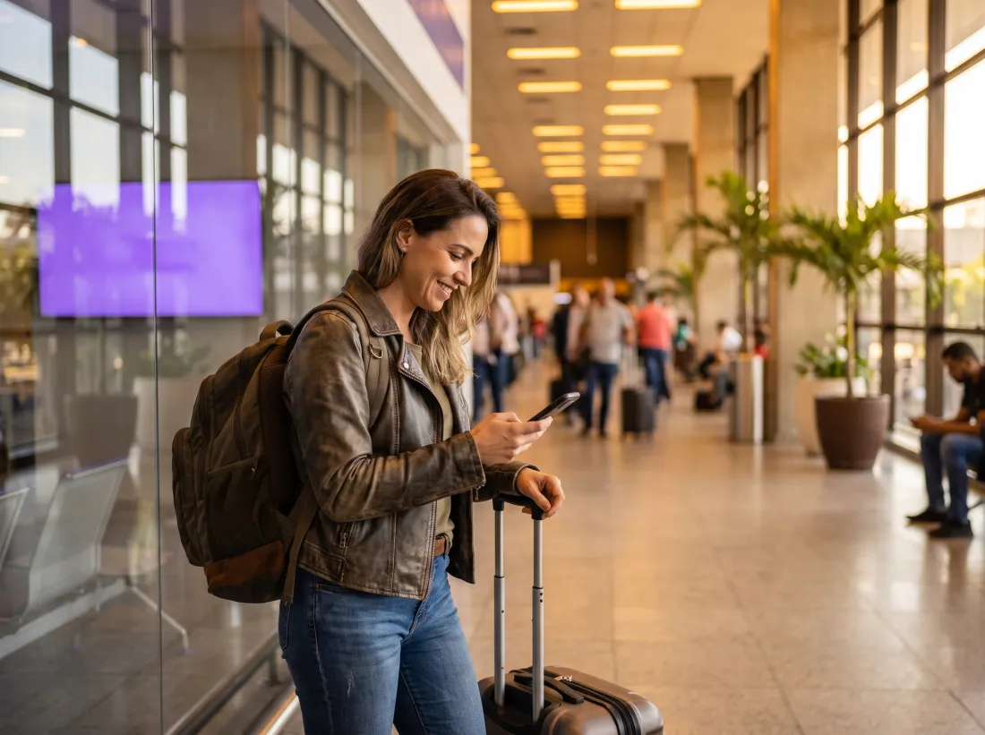 Viajante conferindo o voucher no celular no aeroporto
