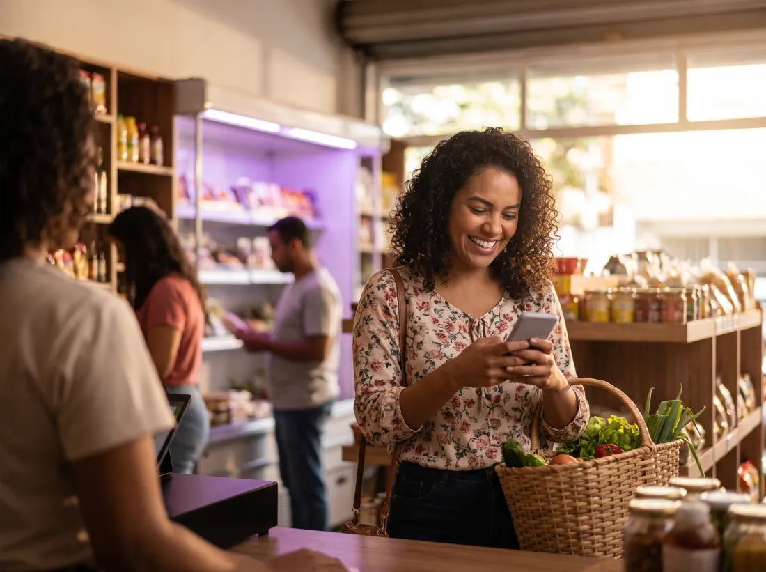 Cliente conferindo oferta no celular dentro de uma loja
