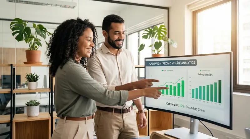 Equipe analisando resultados de campanhas SMS automatizadas