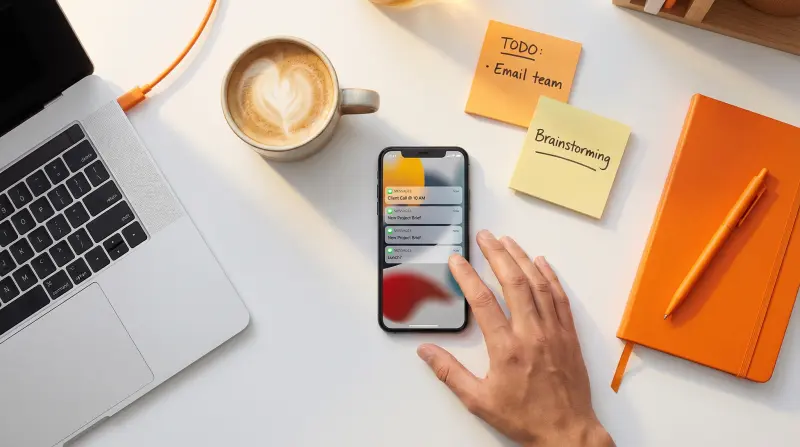 Workspace com smartphone mostrando SMS
