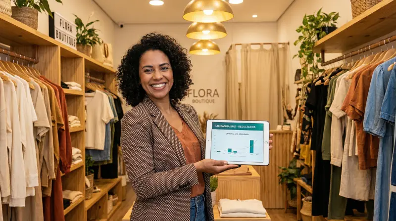 Lojista visualizando resultados de campanha SMS no tablet