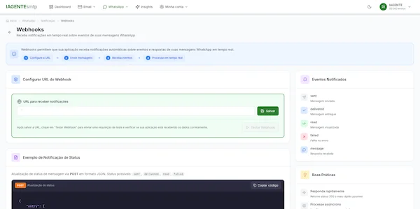 Configuração de webhooks do WhatsApp no painel do IAGENTEsmtp